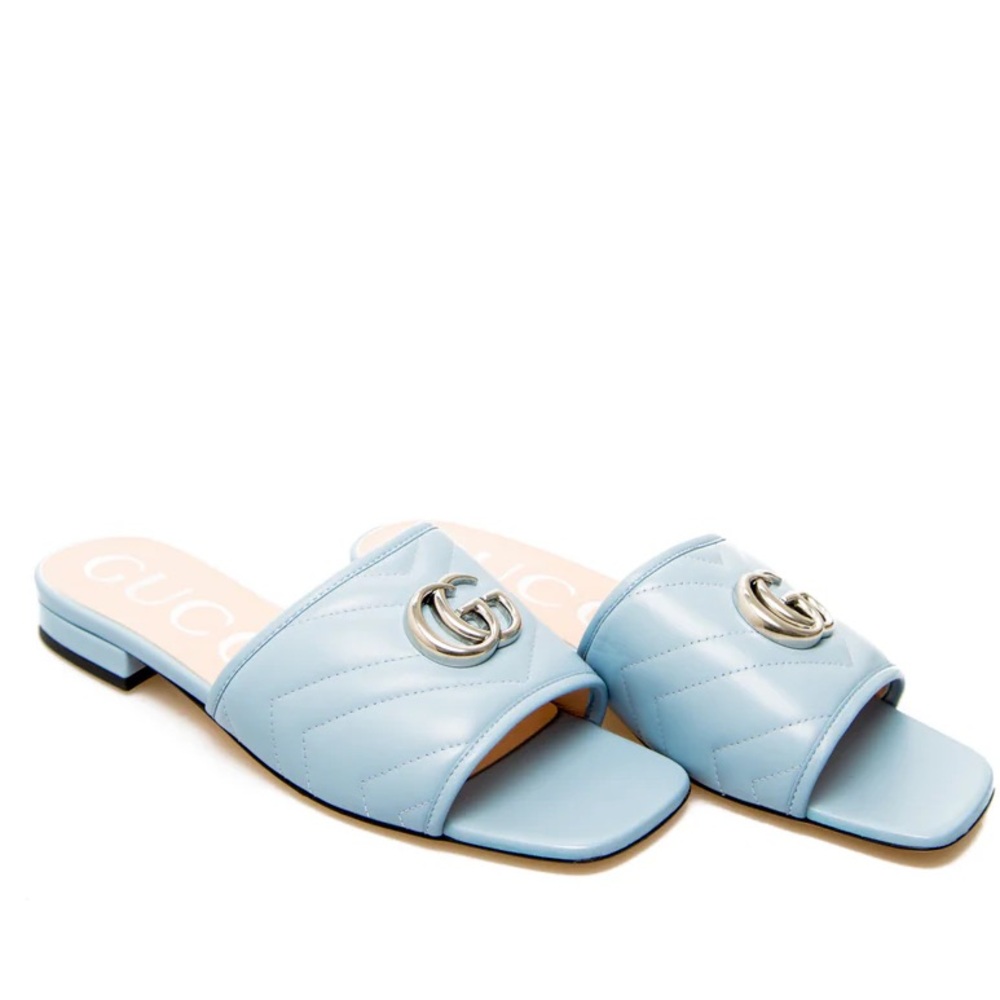 GUCCI GG Slide Sandals in Blue Chevron Leather